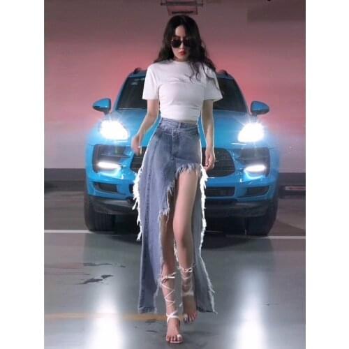 Streetwear Fashion Ladies Mid-length Irregular Slit Frayed Denim Skirt Faldas Mujer Moda 2021 Woman Skirts
