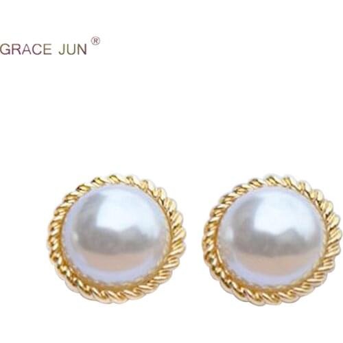 GRACE JUN Hot Sale Round Geometric Faux Pearl Clip on Earrings for Girl Women Party Charm Without Pierced Earring Ear Clip New