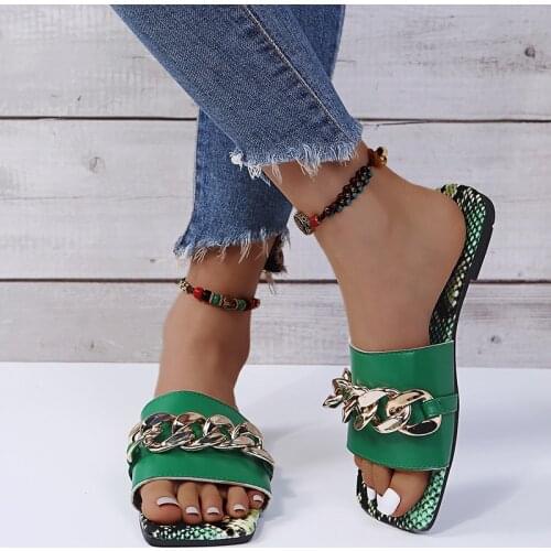Womens Slippers Summer New Fashion Metal Chain Flat Slippers Plus Size European And American Leisure Outdoor Beach Sandals