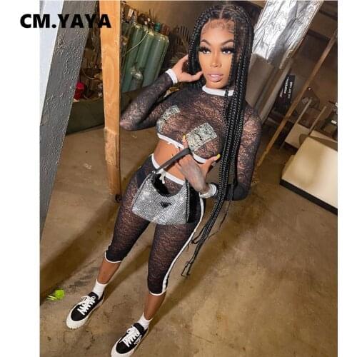CM.YAYA Women Set Solid Lace Full Sleeve O-neck Crop Tops Stretchy Calf Length Pants Two Piece Set Sexy Tracksuit Summer Outfit