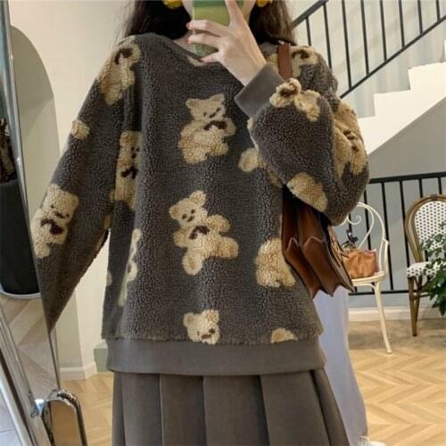 Women Lamb Hair Thick Sweatshirt Teddy Bear Cute Clothes 2021 Woman Harajuku Vintage Plush Sweatshirt Black Brown Streetwear New