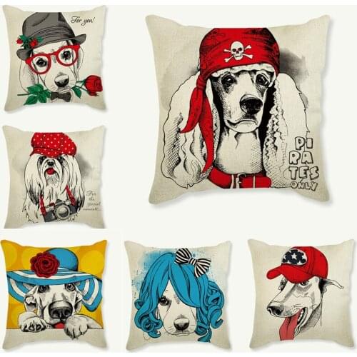2018 Colorful Painting Pet Dog Cushion Pug Dog Poodle Puppy Funny Printed Cotton Linen Home Decoration Car Sofa Pillowcase