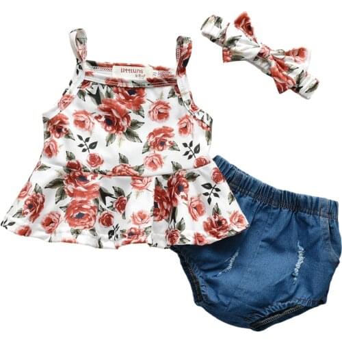 2021-03-16 Lioraitiin 0-18M Newborn 3Pcs Baby Girl Summer Outfit Floral Spaghetti Strap Vest Elastic Waist Briefs Hairband Suit