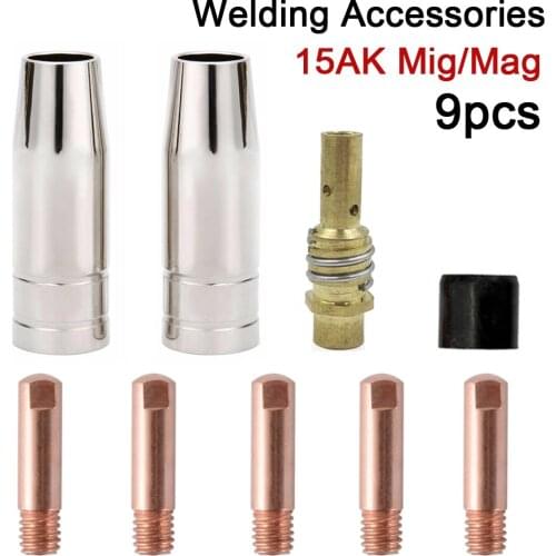 9Pcs Welding Torch Consumable Nozzle 15AK Argon Arc 0.6/0.8/0.9/1.0/1.2mm Nozzle holder Contact Tip For 15AK MIG Welding Torch