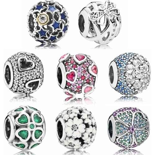 Openwork Tumbling Hearts With Cubic Zirconia & Night Sky Beads Charms Fit Bracelet 925 Sterling Silver Bead Jewelry