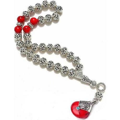 8mm Hollow carved alloy beads with Red pendant Shape 33 Prayer Beads Islamic Muslim Tasbih Allah Mohammed Rosary for women men