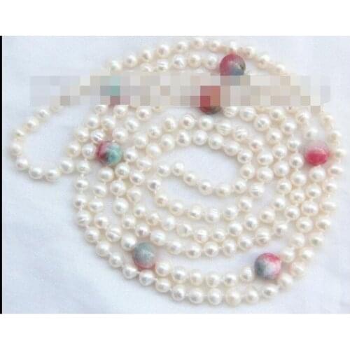 Long 50" 7-8mm round white freshwater pearl multicolor jade necklace h2523