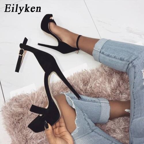 Eilyken 2021 New Sexy Buckle Strap Thin Heel Women Sandals Fashion Cover Heel Ladies Sandals Black Party Shoes Size 35-40