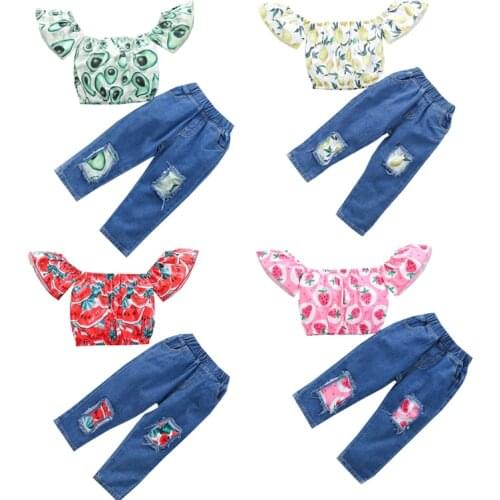 FOCUSNORM 1-4Y Summer Lovely Kids Girls Clothes Sets 2pcs Off Shoulder Fruit Printed T Shirts Tops Denim Long Pants