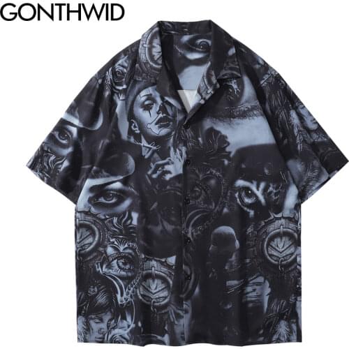 GONTHWID Hawaiian Beach Shirts Streetwear Hip Hop Creative Punk Rock Gothic Button Down Shirt Men Casual Holiday Tropical Shirts