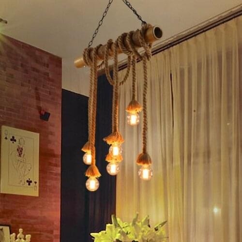 American Country Vintage Hemp Rope Hanging Lamps Pastoral Retro Bamboo Pendant Lights Fixture Home Indoor Lighting Cafes Lamps
