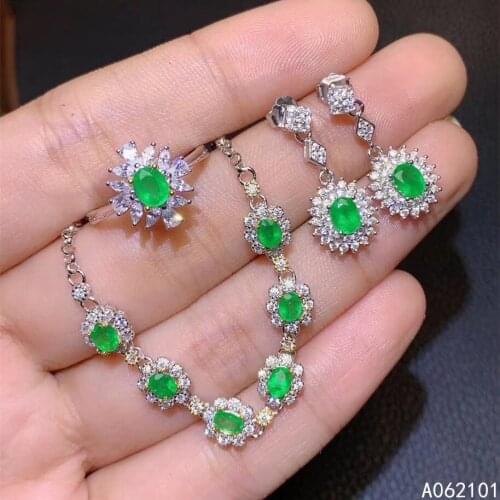 KJJEAXCMY fine Jewelry 925 sterling silver inlaid natural Emerald luxury ring earring bracelet set support test Chinese style
