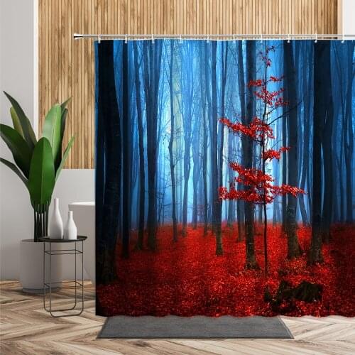 Forest Scenery Photo Bathroom Shower Curtain Red Leaves Home Decor Leaf Woods Landscape Waterproof Cloth With Hook Bath Curtains