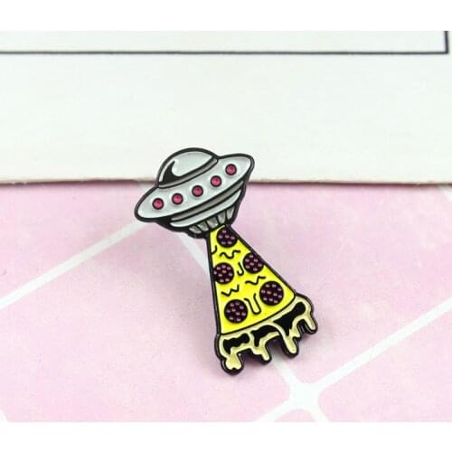 Cute UFO Pizza Enamel Brooch Space Spaceship Shaped Galaxy Pin Kid Exploring the Universe Mystery Gift Badge Friends Jewelry