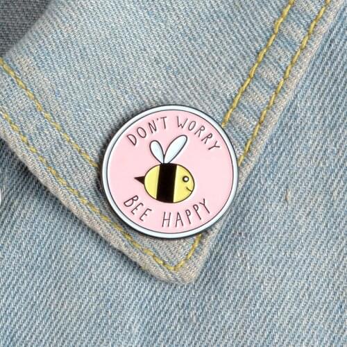 Cute Bee Enamel Pins Cartoon Pink Round Brooches DON'T WORRY BEE HAPPY Bag Button Badge Sweet Jewelry Gifts for Kids Friends
