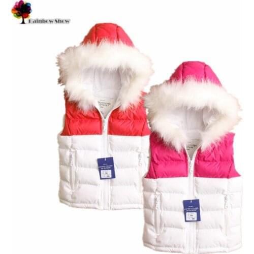 New Quality Childrens Clothing Winter Girls Hooded Fauxl Fur Collar Patchwork Color Cotton Vest Waistcoat