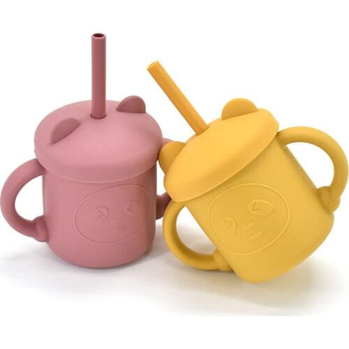 Baby Silicone Water Cup With Two Straws Cute Cartoon Cat Drinking Cups Non-slip With Handle Drinker Kid Feeding Tableware
