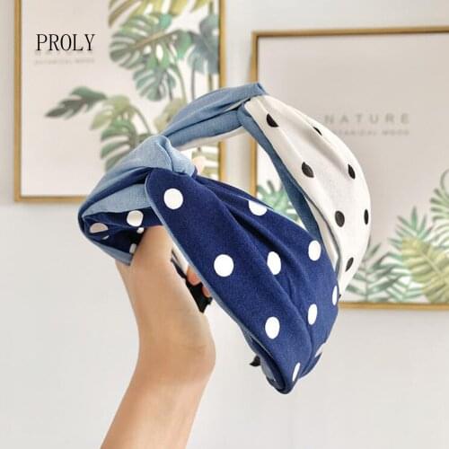 PROLY New Fashion Women Hair Accessories Wide Side Cross Knot Headband Denim Point Patchwork Turban Hairband