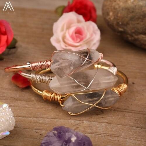 Wire Wripped Crystal Beads Women Gold Bracelets Natural Herkimer Diamonds Quartz Freeform Point Beads Open Cuff Bangle Bracelets