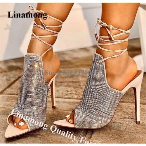 Linamong Bling Bling Silver Rhinestone Pointed Open Toe Gladiator Sandals Cut-out Crystal Lace-up High Heel Sandals Heels