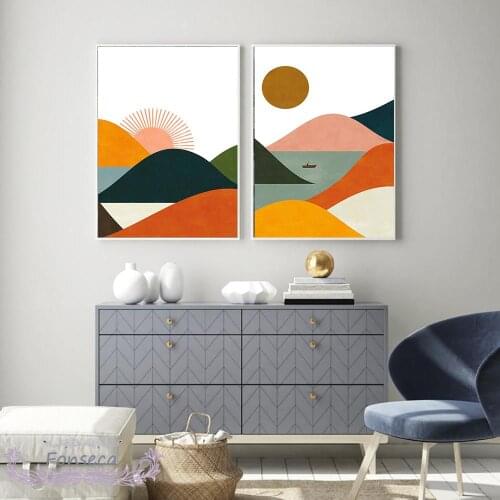 Scandinavian Boat Lake Mountain Landscape Poster Sunrise Sunset Canvas Painting Abstract Wall Art Pictures Modern Home Decor