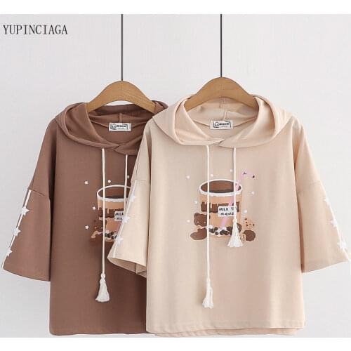 Women Sweatshirts Hoodies Cartoon Print 2021 Summer Short Sleeve Hooded Harakuju Pullover Female Kawaii Tracksuits 2115838