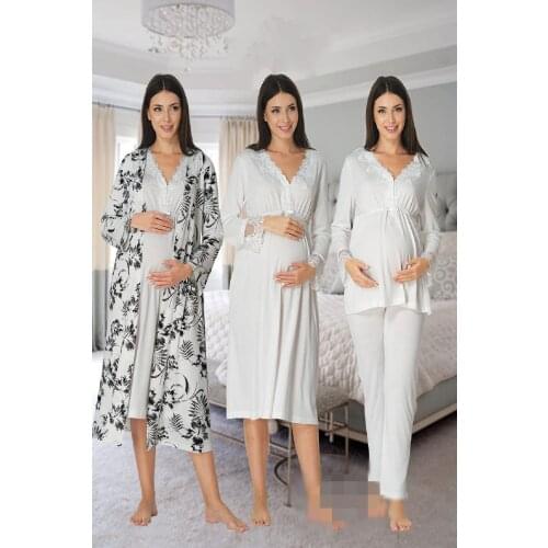 Womens White Long-Sleeve Pajamas Set Nightgown Dressing Gown Puerperal Maternity 4'lü Set