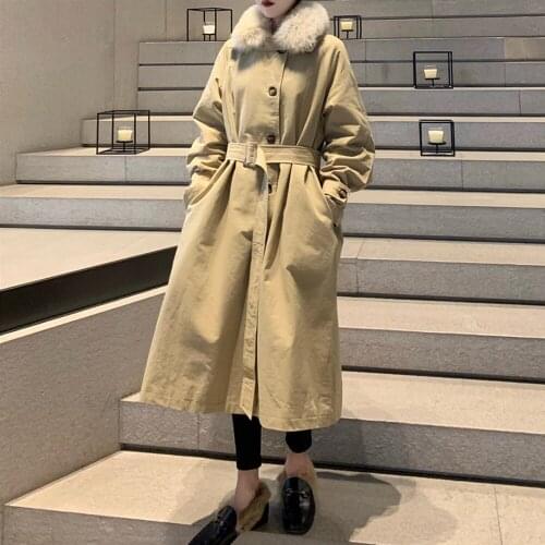 2021 Autumn Winter New Loose Thickened Cotton Padded Jacket Women Wool Collar Medium And Long Khaki Coat Womens Parka Feminina