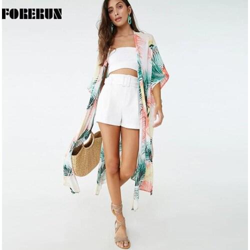 FORERUN Beach Tunic Women Long Kimono Cardigan Wrap Print Summer Dress Bikini Swim Cover Up Saida De Praia Pareo Robe Plage