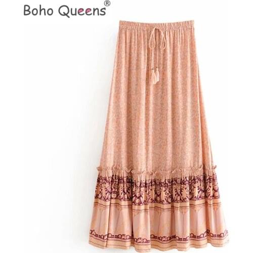 Boho Queens fashion women floral Peacock print beach Bohemian Maxi skirt High Elastic Waist rayon A-Line Boho Skirt Femme