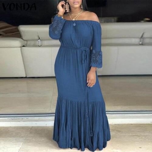 Summer Dress 2021 VONDA Women Sexy Off The Shoulder Long Sleeve Solid Dresses Plus Size Bohemian Vestidos Elegant Robe S-5XL