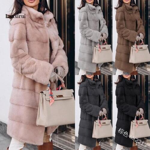Women Long Sleeve Warm Outwear Winter Casual Coat Lady Faux Fur Plush Stitching Slim Long Coat Parka Jacket