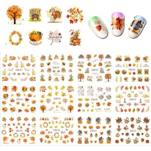 12 Designs/Set Nail Art Sticker Water Transfer Thanksgiving Maple Leaf/Pumpkin/Turkey/candle Designs Nail Art Decal Decoration