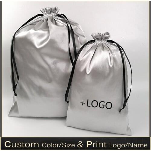 20PCS Custom Logo Silver Silk Satin Hair Packaging Bag Hair Extensions/Makeup/Home Storage/Shoes/Clothes Drawstring Gift Bags