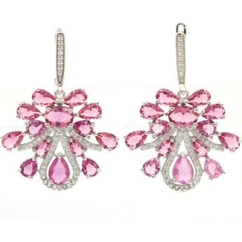 40x28mm Super Big European Design Created Pink Tourmaline White Zircon Womans Fine Jewelry Silver Earrings