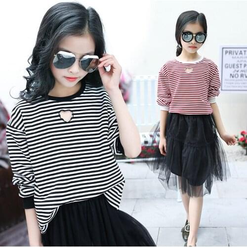 Childrens Clothes Girls Fall 2017 New Leisure Contracted Stripe Blouse Tops and Skirts Girls Set
