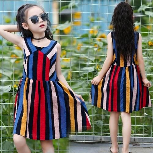 Child of 2018 New Summer Children Personality Cotton Striped Dress Round Neck Sleeveless Cotton Dress