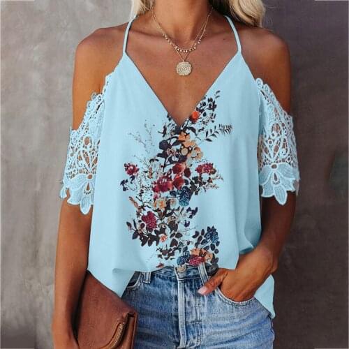 Womens Lace Sling T-shirt Fashion Loose Casual Floral Print Off Shoulder Plus Size V-Neck Top Summer Beach Vacation Clothing