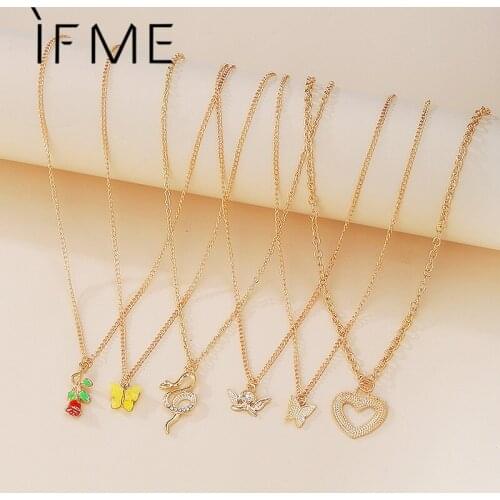 IF ME Fashion Crystal 6PCs/set Rose Lock Butterfly Snake Pendant Necklace for Women Gifts Vintage Heart Angel Necklaces Jewelry