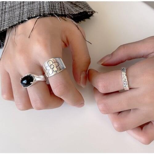 1pc Authentic S925 Sterling Silver dysmorphism /Black Agate /Flower Engraved Ring Fine Jewelry TLJ1649