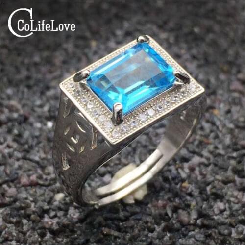 100% Natural Topaz Ring Classic Solid 925 Sterling Silver Ring for Man Emerald Cut 7mm*9mm Fairless Light Blue Topaz Christmas