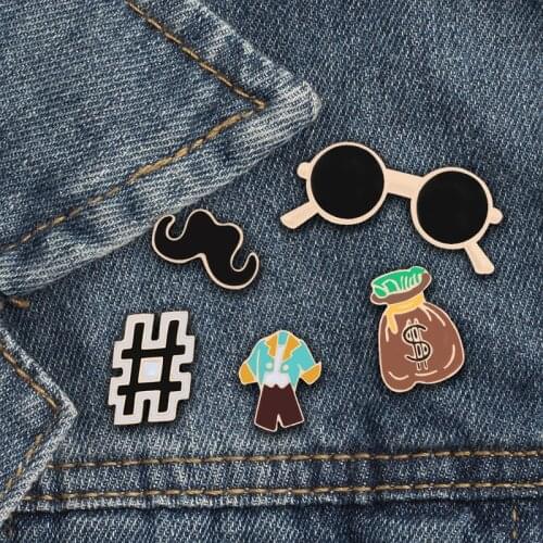 Creative Black Beard Purse Brooches Retro Sunglasses Mustache Symbol Enamel Pins Men Shirts Lapel Pin Women Vintage Jewelry Gift