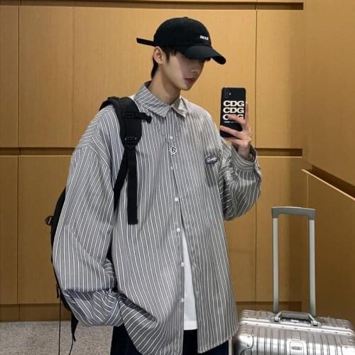 2021 summer men long-sleeved stripe shirt coats handsome trend handsome loose boys spring new Mens fashion clothing