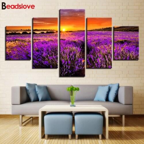 100% square round Drill Lavender Flowers in the Sunset Landscape 5piece Diamond Painting Cross Stitch Mosaic Embroidery