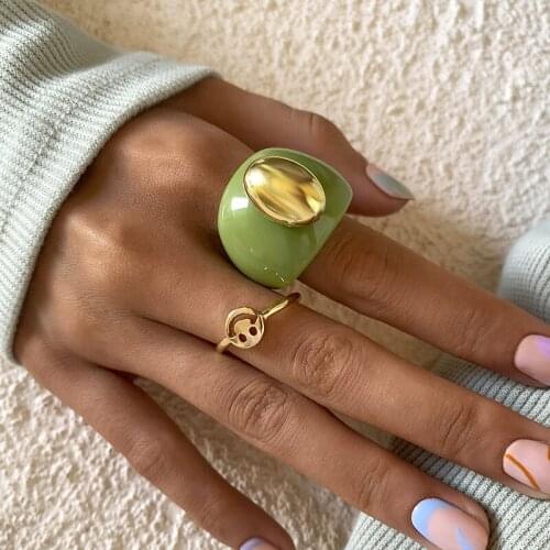 Vintage Punk Candy Color Acrylic Smile Face Rings Set for Women Ladies Fashion Wide Geometric Finger Knuckle Rings Jewelry Gift