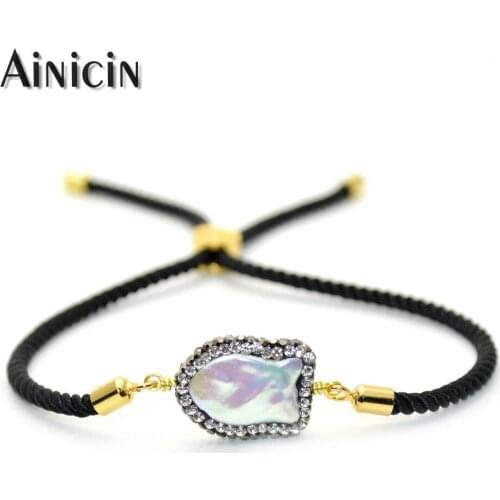 Natural Freshwater Pearl Black Rhinestone Crystal Paved Sliding Clasp Adjustable Rope Chain Bracelets For Women Gift Jewelry
