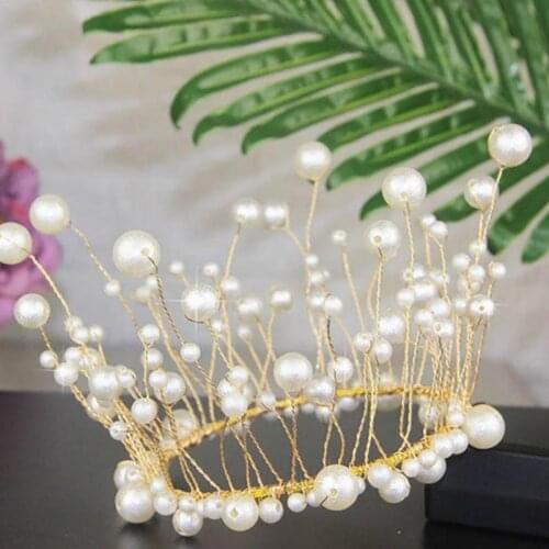 Charming Handmade Pearl Princess Crown Cake Topper Wedding Decorating Bride and Groom Happy Birthday Hat Party Supplies