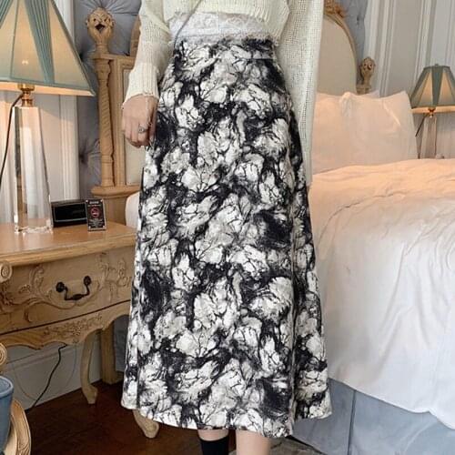 Autumn Winter Ladies Mid-Length High-Waist Casual A-Line Elegant Printed Corduroy Skirt Faldas Largas Mujer 2021 A192
