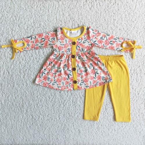 Autumn Kids Long Sleeve Tunic Top And Yellow Leggings Suit Ready To Ship Items For Sweet Girl Flowers Outfit With Buttons