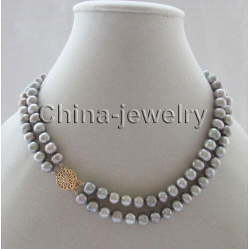 Free shipping > >>> Beautiful 17-18" 2row 8-9mm gray round freshwater pearl necklace - clasp
